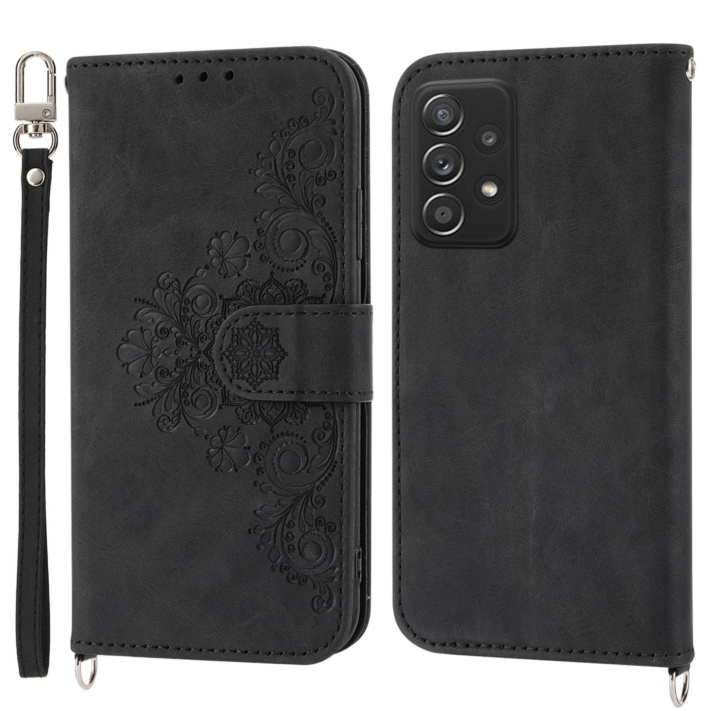 For Samsung Galaxy A52 4G / A52 5G / A52s 5G Imprinted Flowers PU Leather Flip Case Stand Multiple Card Slots Skin-touch Cover with Wrist Strap and Shoulder Strap