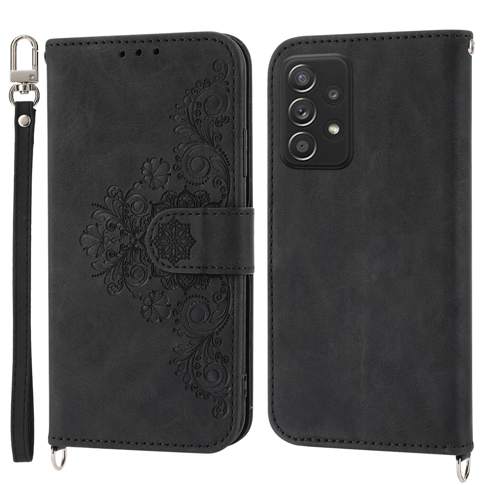 For Samsung Galaxy A52 4G / A52 5G / A52s 5G Imprinted Flowers PU Leather Flip Case Stand Multiple Card Slots Skin-touch Cover with Wrist Strap and Shoulder Strap