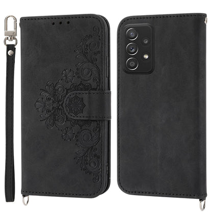 For Samsung Galaxy A52 4G / A52 5G / A52s 5G Imprinted Flowers PU Leather Flip Case Stand Multiple Card Slots Skin-touch Cover with Wrist Strap and Shoulder Strap