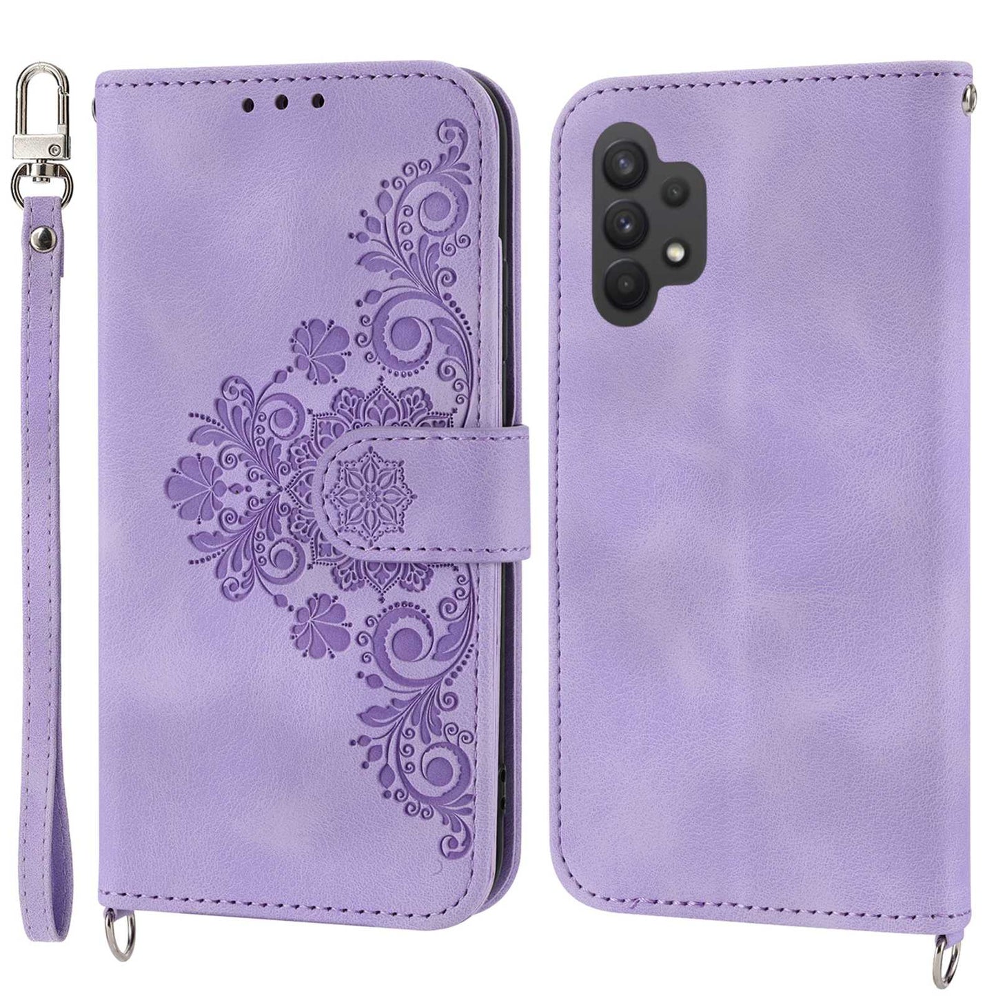 For Samsung Galaxy A13 4G / A13 5G / A04s 4G (164.7 x 76.7 x 9.1 mm) Wallet Phone Case Imprinted Flowers PU Leather Skin-touch Stand Magnetic Cover with Wrist Strap and Shoulder Strap