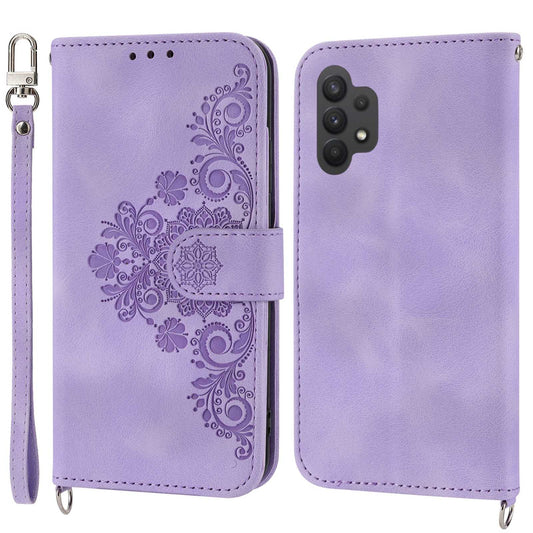 For Samsung Galaxy A13 4G / A13 5G / A04s 4G (164.7 x 76.7 x 9.1 mm) Wallet Phone Case Imprinted Flowers PU Leather Skin-touch Stand Magnetic Cover with Wrist Strap and Shoulder Strap