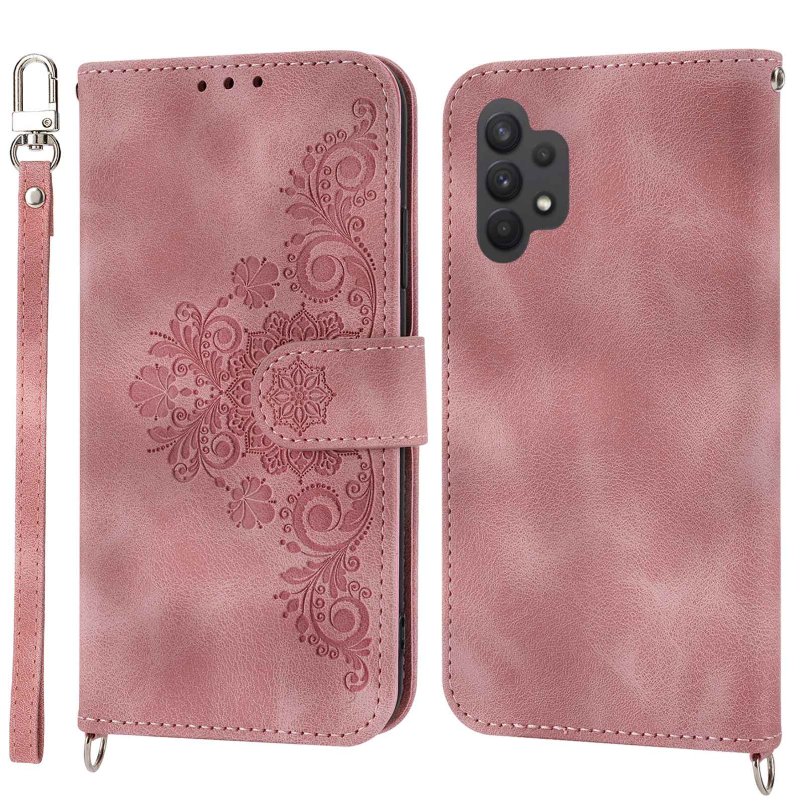 For Samsung Galaxy A13 4G / A13 5G / A04s 4G (164.7 x 76.7 x 9.1 mm) Wallet Phone Case Imprinted Flowers PU Leather Skin-touch Stand Magnetic Cover with Wrist Strap and Shoulder Strap