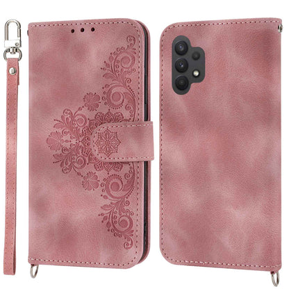 For Samsung Galaxy A13 4G / A13 5G / A04s 4G (164.7 x 76.7 x 9.1 mm) Wallet Phone Case Imprinted Flowers PU Leather Skin-touch Stand Magnetic Cover with Wrist Strap and Shoulder Strap