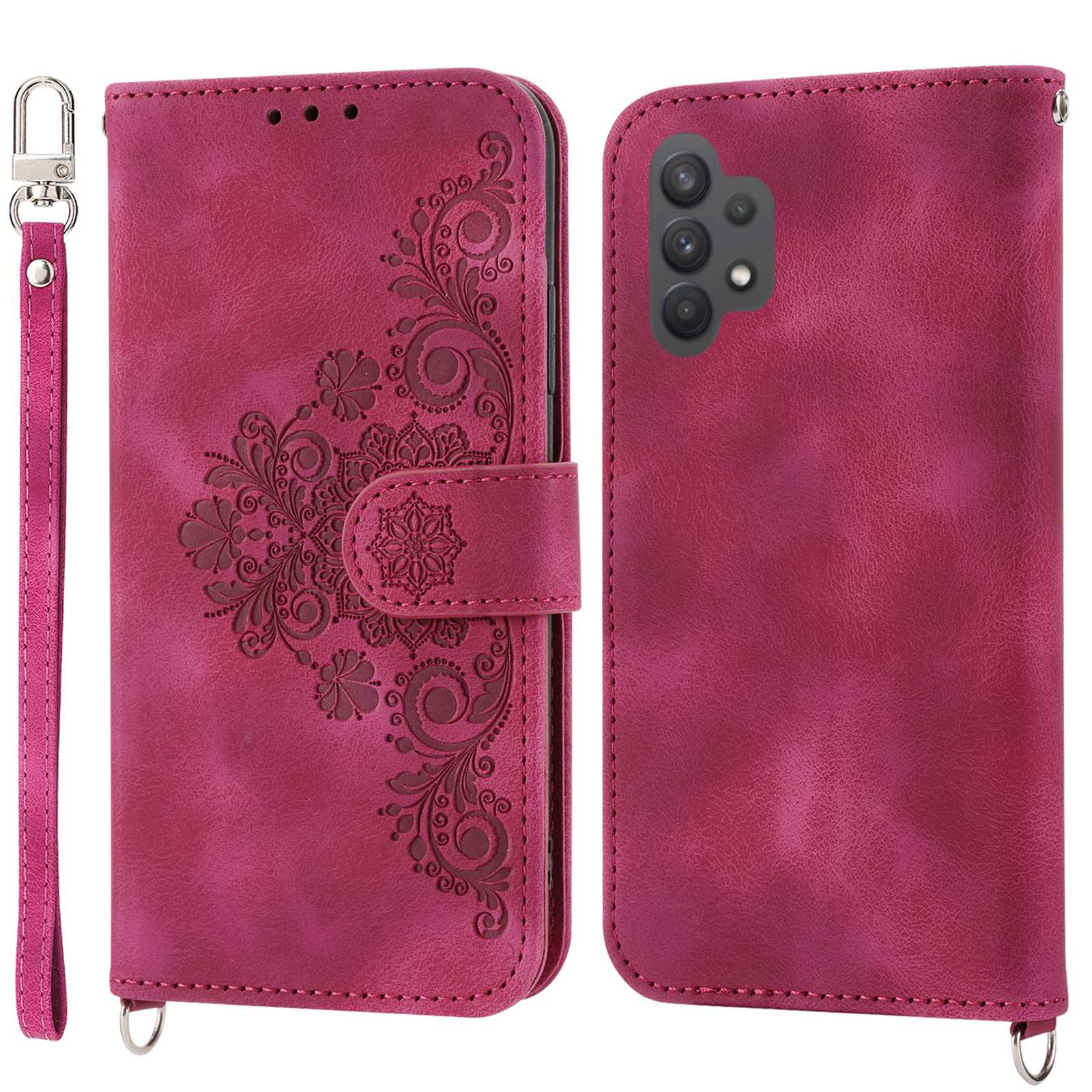 For Samsung Galaxy A13 4G / A13 5G / A04s 4G (164.7 x 76.7 x 9.1 mm) Wallet Phone Case Imprinted Flowers PU Leather Skin-touch Stand Magnetic Cover with Wrist Strap and Shoulder Strap