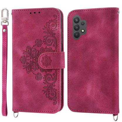 For Samsung Galaxy A13 4G / A13 5G / A04s 4G (164.7 x 76.7 x 9.1 mm) Wallet Phone Case Imprinted Flowers PU Leather Skin-touch Stand Magnetic Cover with Wrist Strap and Shoulder Strap
