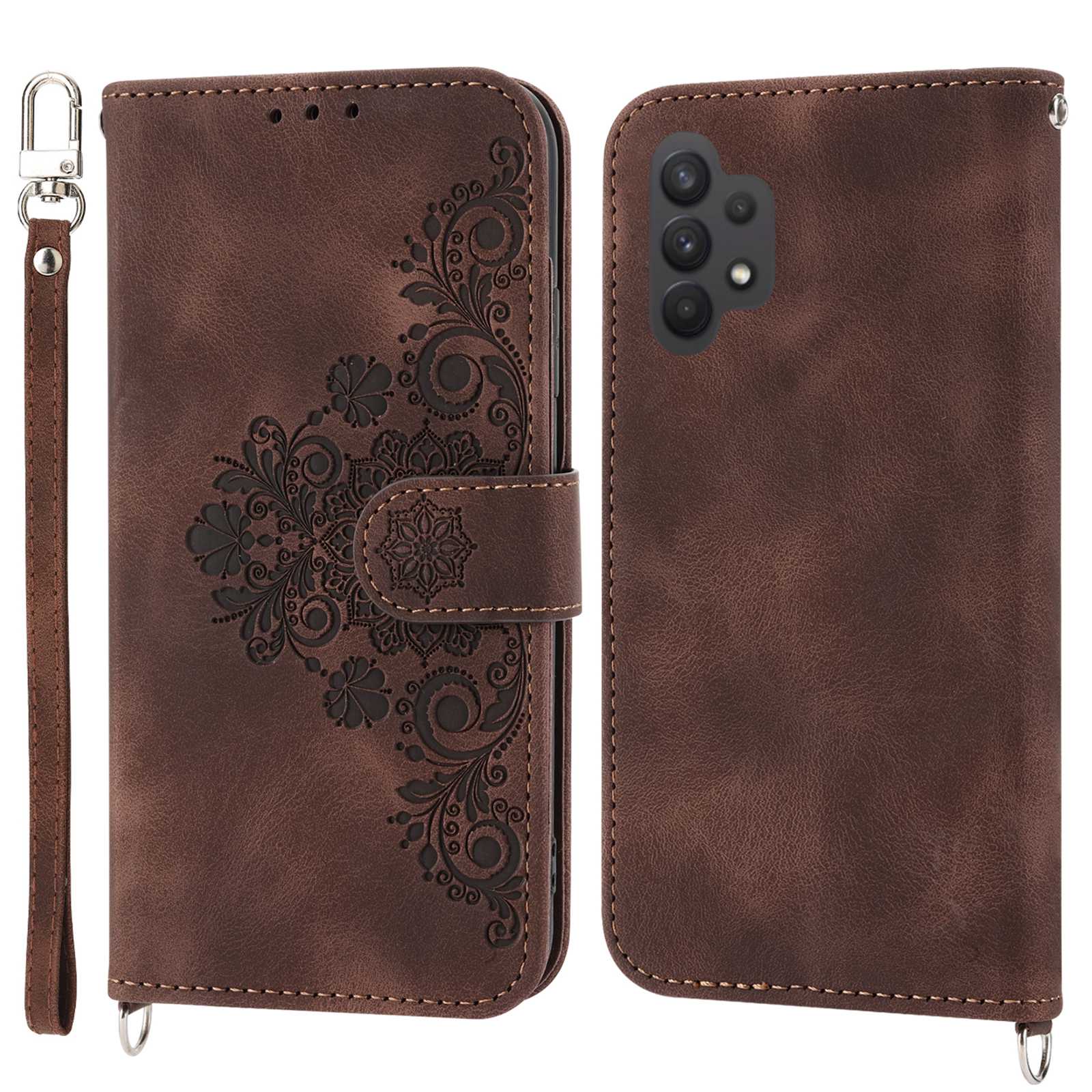 For Samsung Galaxy A13 4G / A13 5G / A04s 4G (164.7 x 76.7 x 9.1 mm) Wallet Phone Case Imprinted Flowers PU Leather Skin-touch Stand Magnetic Cover with Wrist Strap and Shoulder Strap