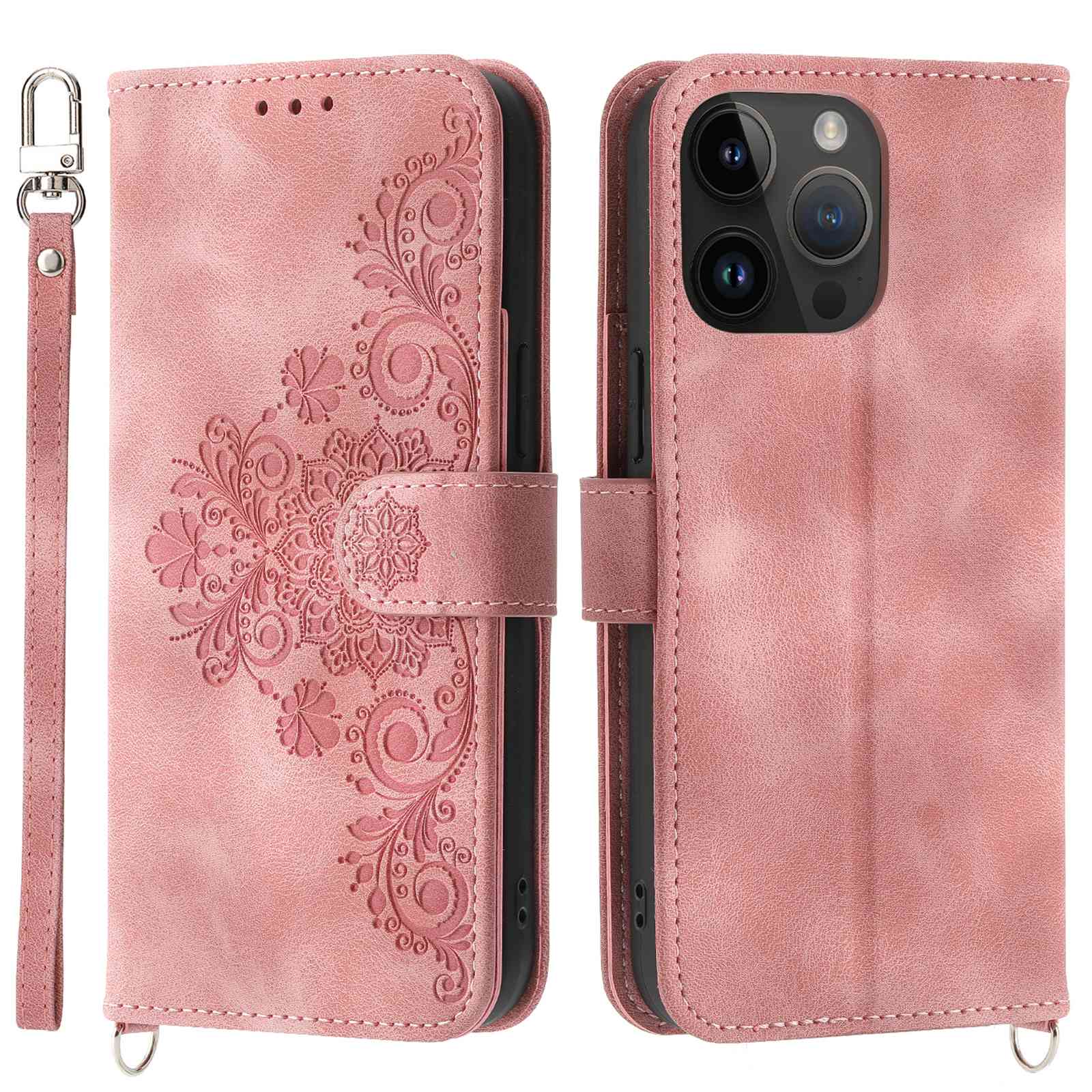 For iPhone 13 Pro 6.1 inch Phone Pouch Bag Skin-touch Imprinted Flowers Leather Phone Wallet Case Phone Stand Cover with Wrist Strap and Shoulder Strap