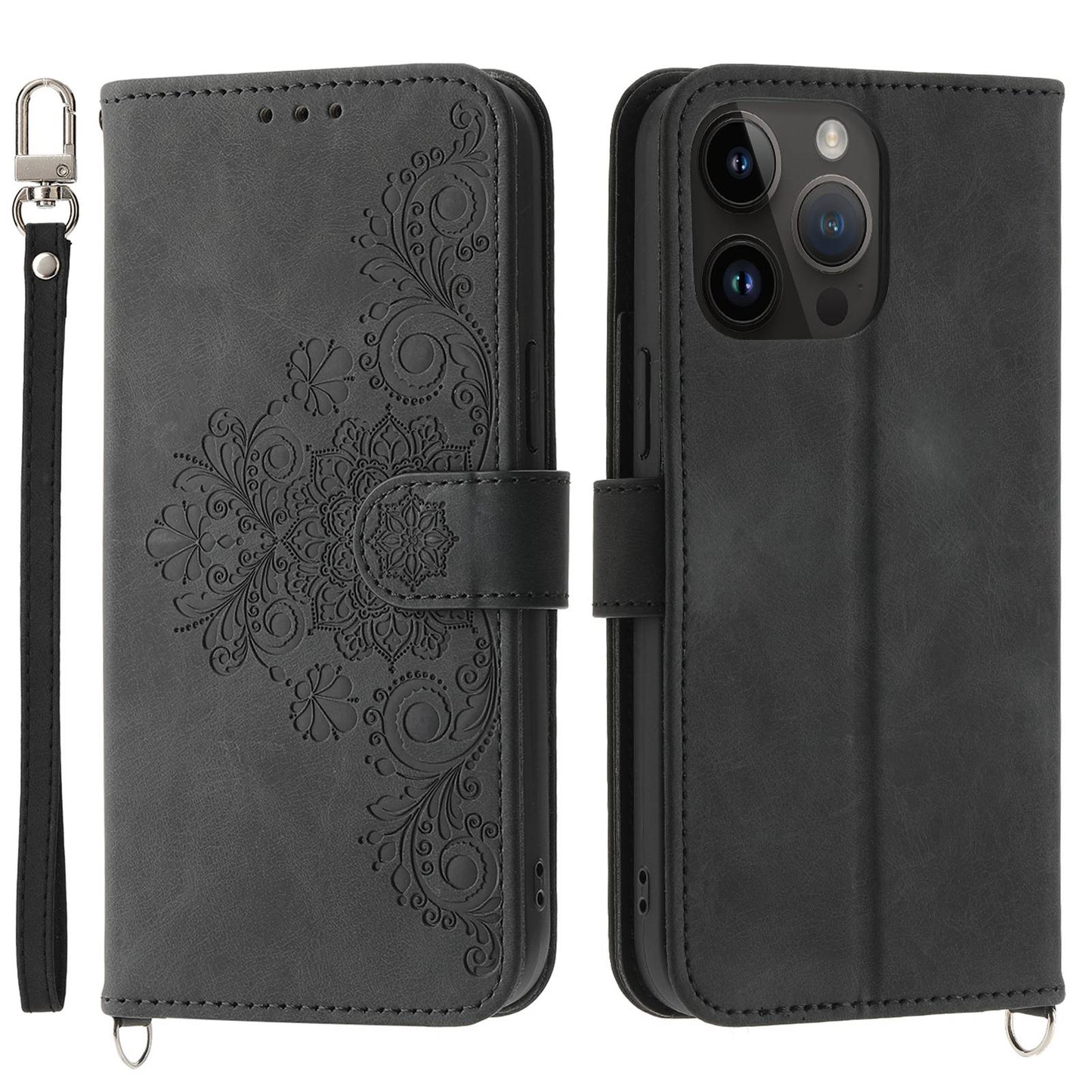 For iPhone 13 Pro 6.1 inch Phone Pouch Bag Skin-touch Imprinted Flowers Leather Phone Wallet Case Phone Stand Cover with Wrist Strap and Shoulder Strap