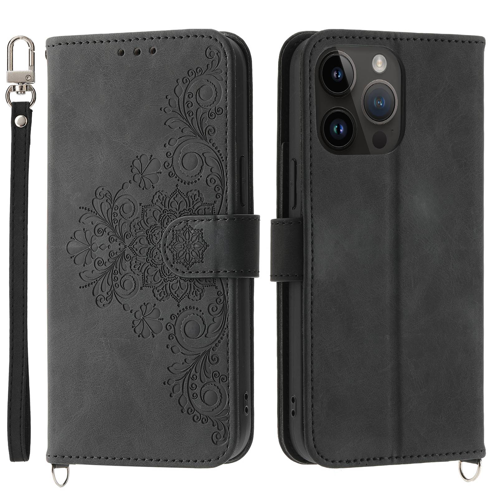 For iPhone 13 Pro 6.1 inch Phone Pouch Bag Skin-touch Imprinted Flowers Leather Phone Wallet Case Phone Stand Cover with Wrist Strap and Shoulder Strap