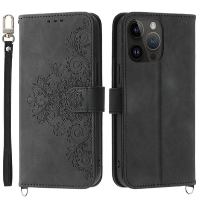 For iPhone 13 Pro 6.1 inch Phone Pouch Bag Skin-touch Imprinted Flowers Leather Phone Wallet Case Phone Stand Cover with Wrist Strap and Shoulder Strap