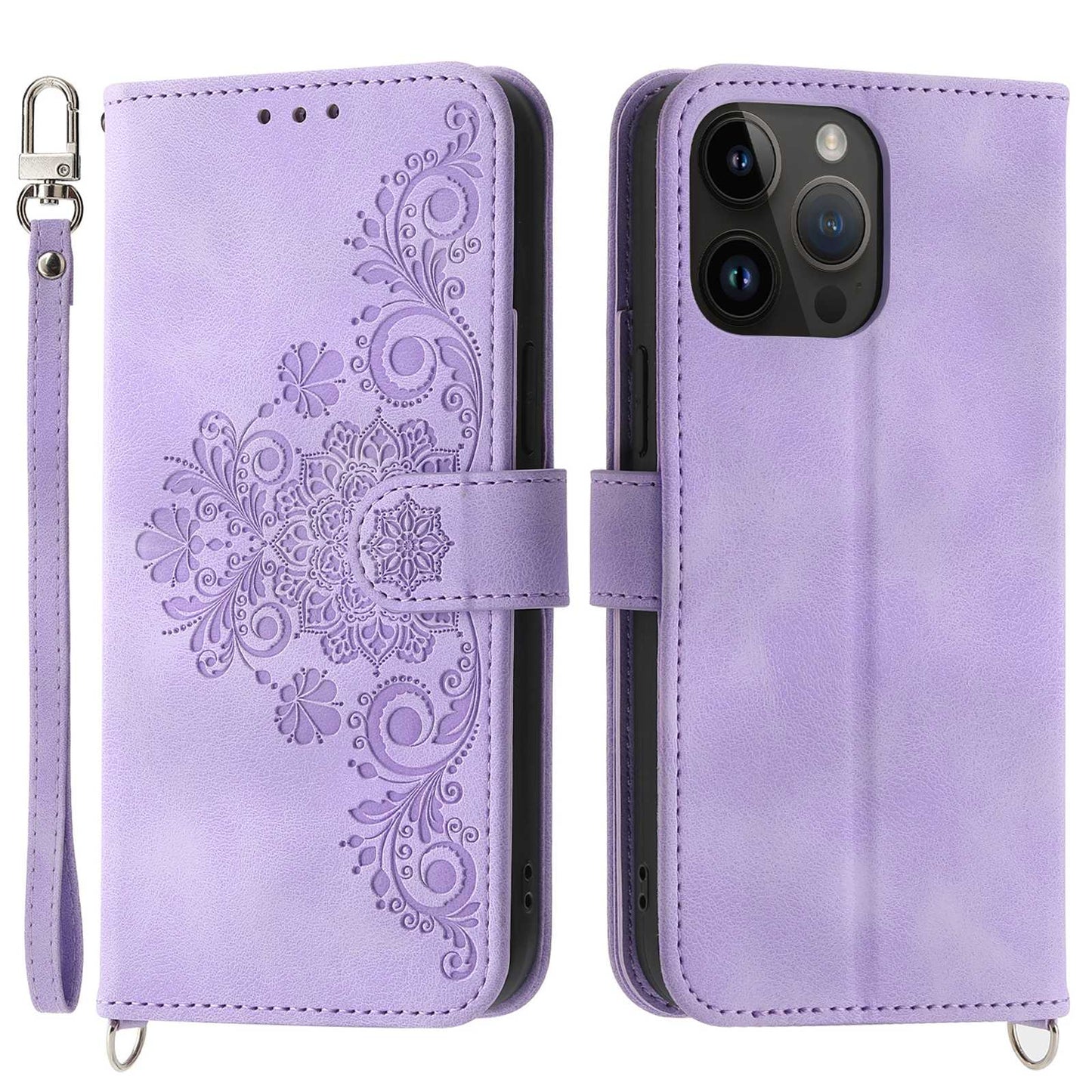 For iPhone 13 Pro 6.1 inch Phone Pouch Bag Skin-touch Imprinted Flowers Leather Phone Wallet Case Phone Stand Cover with Wrist Strap and Shoulder Strap