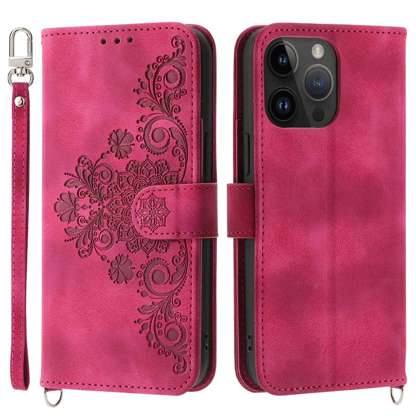 For iPhone 13 Pro 6.1 inch Phone Pouch Bag Skin-touch Imprinted Flowers Leather Phone Wallet Case Phone Stand Cover with Wrist Strap and Shoulder Strap