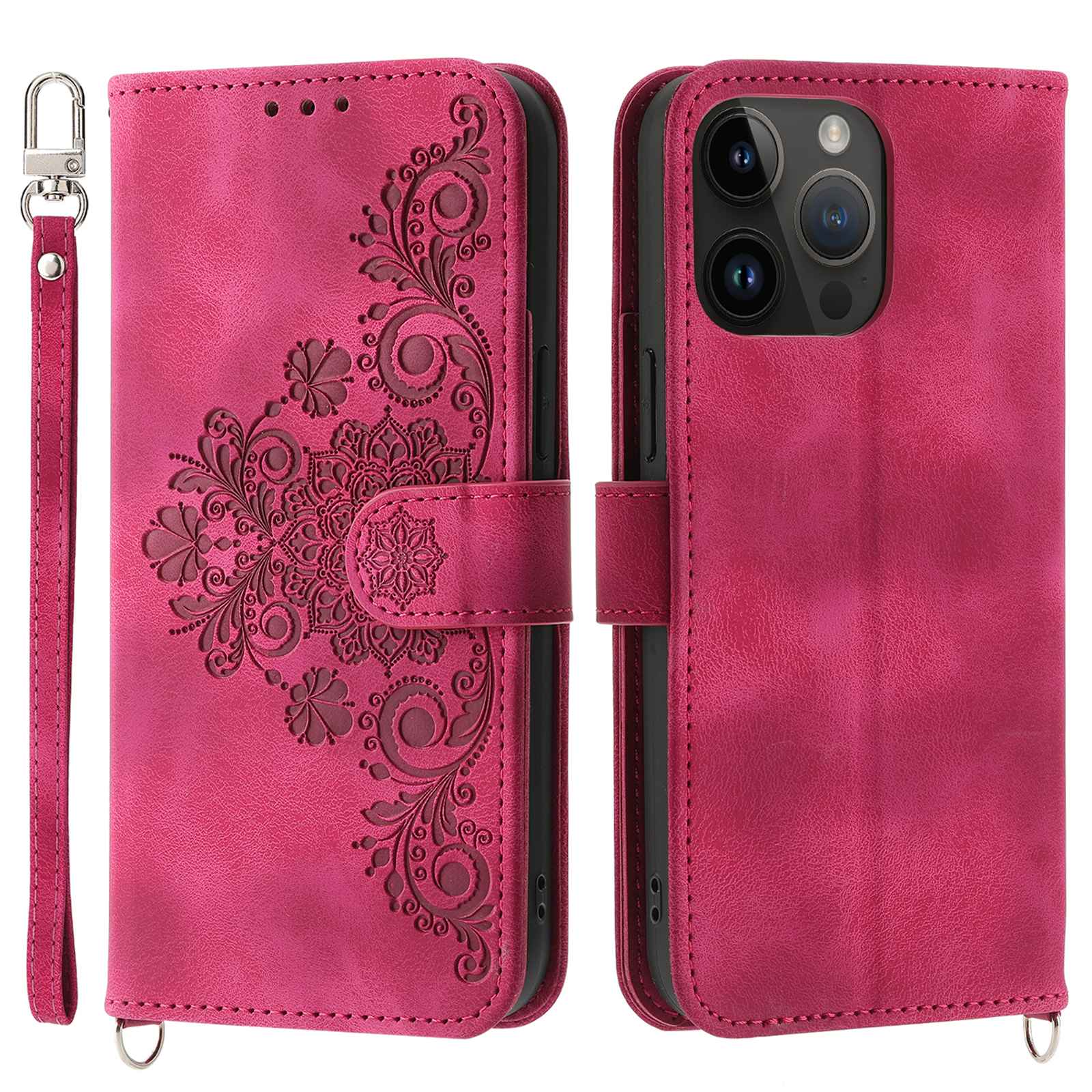 For iPhone 13 Pro 6.1 inch Phone Pouch Bag Skin-touch Imprinted Flowers Leather Phone Wallet Case Phone Stand Cover with Wrist Strap and Shoulder Strap