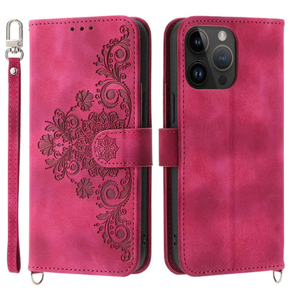 For iPhone 13 Pro 6.1 inch Phone Pouch Bag Skin-touch Imprinted Flowers Leather Phone Wallet Case Phone Stand Cover with Wrist Strap and Shoulder Strap