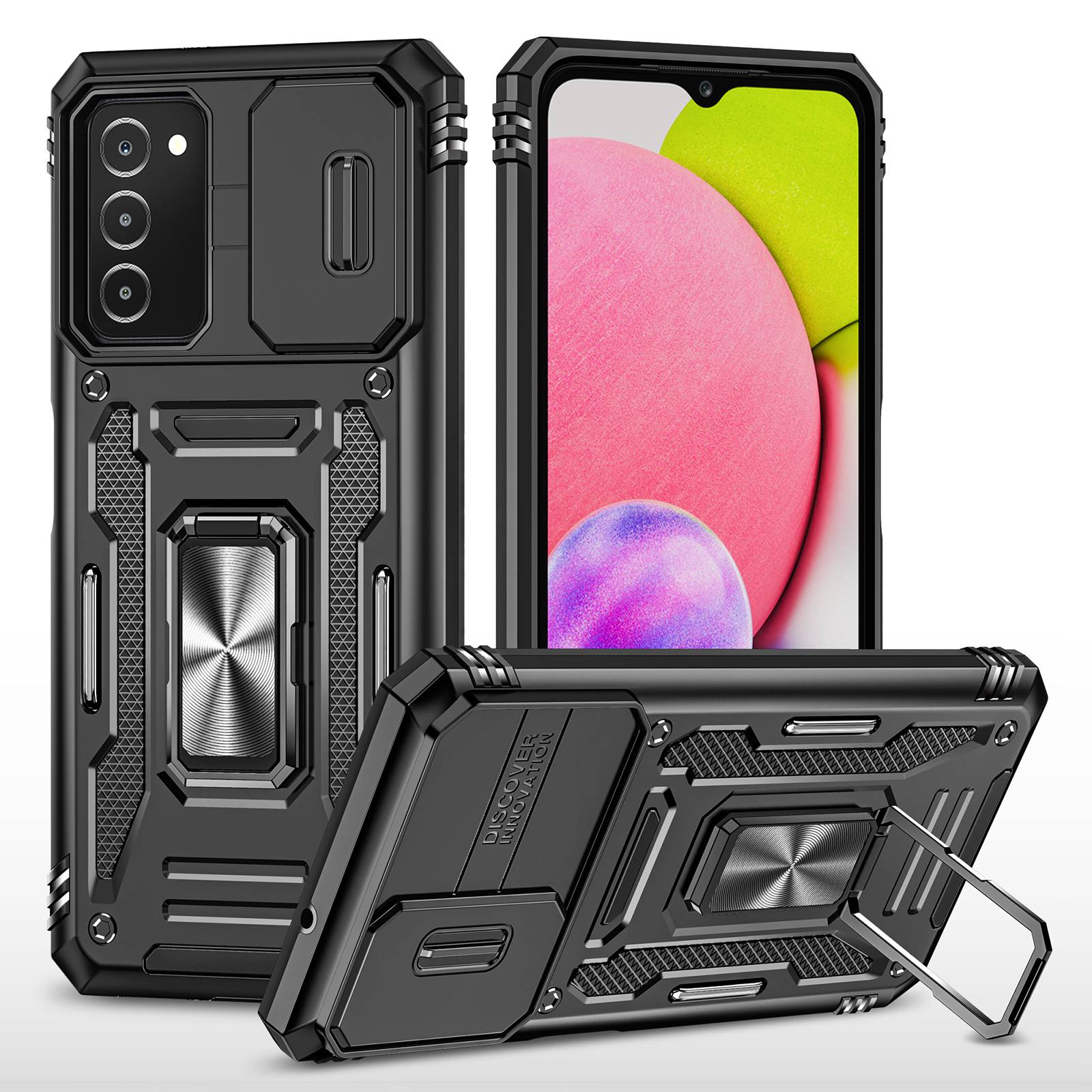 For Samsung Galaxy A03s (164.2 x 75.9 x 9.1mm) Armor Series Drop-proof Hybrid Hard PC Soft TPU Shockproof Case Ring Car Mount Kickstand Back Shell with Camera Cover