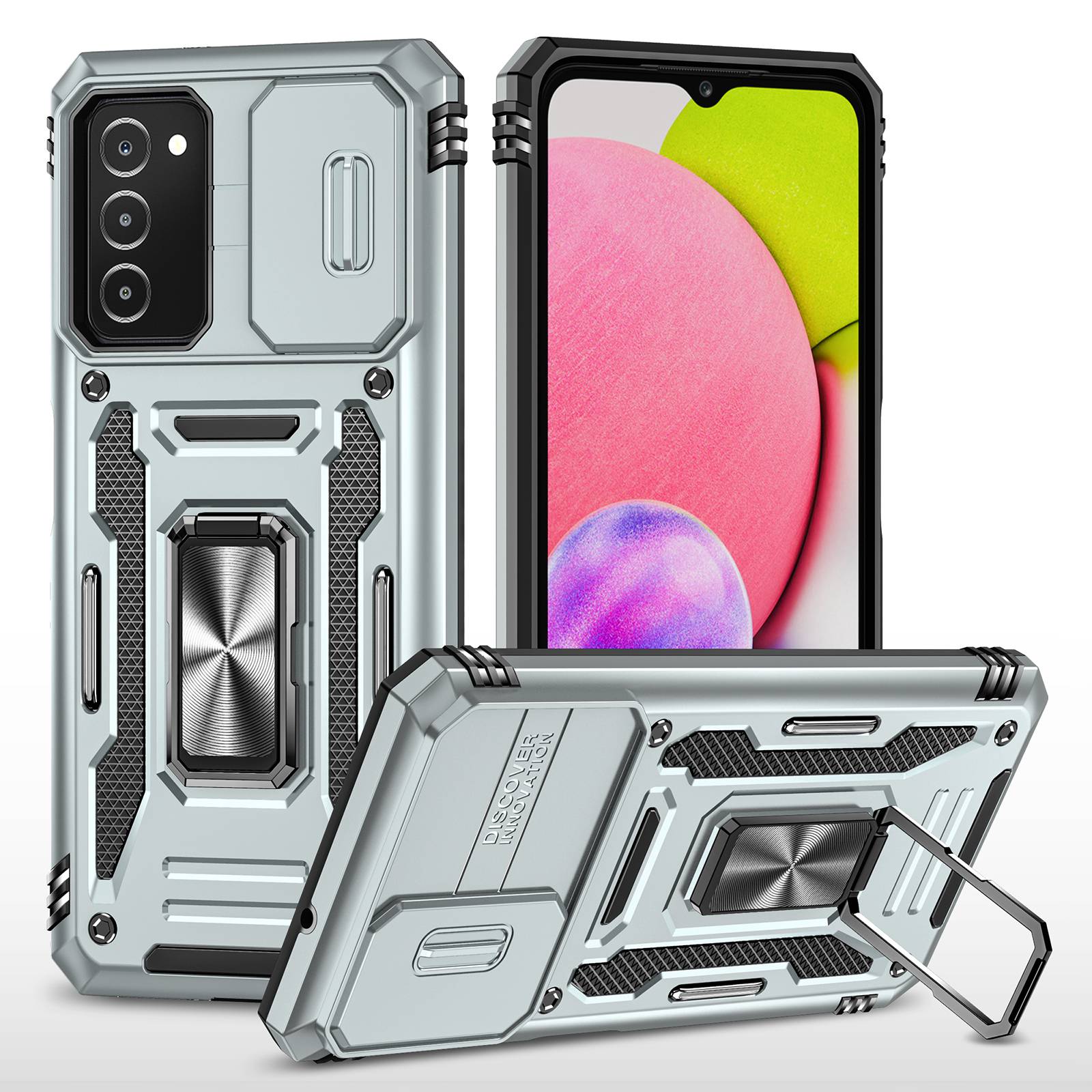 For Samsung Galaxy A03s (164.2 x 75.9 x 9.1mm) Armor Series Drop-proof Hybrid Hard PC Soft TPU Shockproof Case Ring Car Mount Kickstand Back Shell with Camera Cover