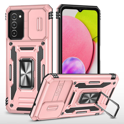 For Samsung Galaxy A03s (164.2 x 75.9 x 9.1mm) Armor Series Drop-proof Hybrid Hard PC Soft TPU Shockproof Case Ring Car Mount Kickstand Back Shell with Camera Cover
