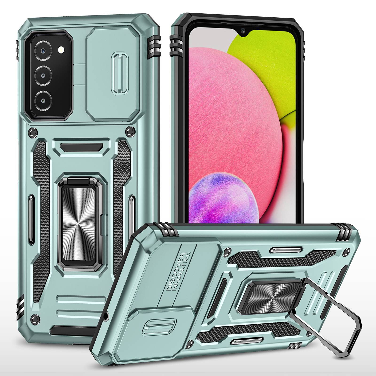 For Samsung Galaxy A03s (164.2 x 75.9 x 9.1mm) Armor Series Drop-proof Hybrid Hard PC Soft TPU Shockproof Case Ring Car Mount Kickstand Back Shell with Camera Cover