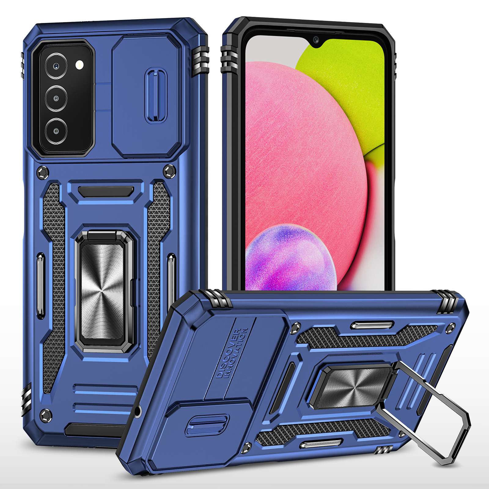 For Samsung Galaxy A03s (164.2 x 75.9 x 9.1mm) Armor Series Drop-proof Hybrid Hard PC Soft TPU Shockproof Case Ring Car Mount Kickstand Back Shell with Camera Cover