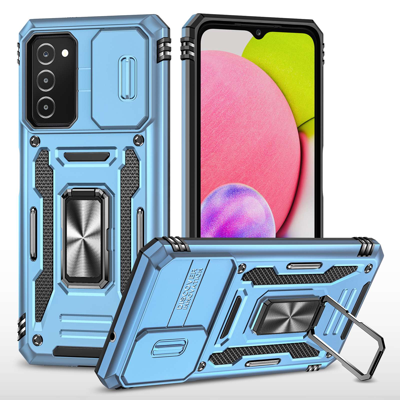 For Samsung Galaxy A03s (164.2 x 75.9 x 9.1mm) Armor Series Drop-proof Hybrid Hard PC Soft TPU Shockproof Case Ring Car Mount Kickstand Back Shell with Camera Cover