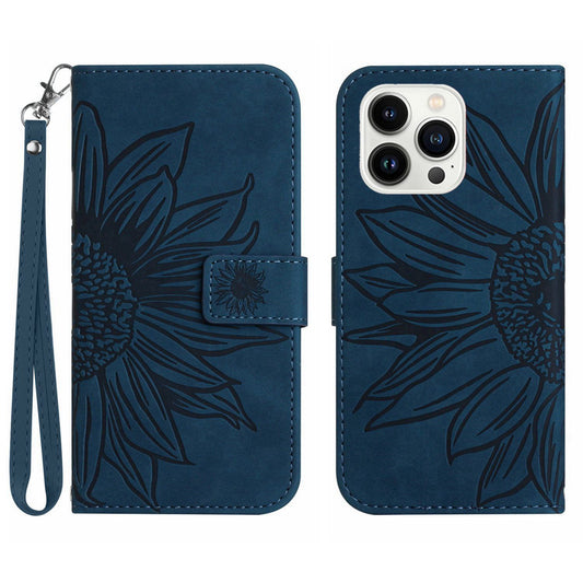 Anti-scratch Flip Phone Case for iPhone 13 Pro 6.1 inch, HT04 Imprinted Sunflower Foldable Stand PU Leather Skin-Touch Magnetic Wallet Cover with Strap