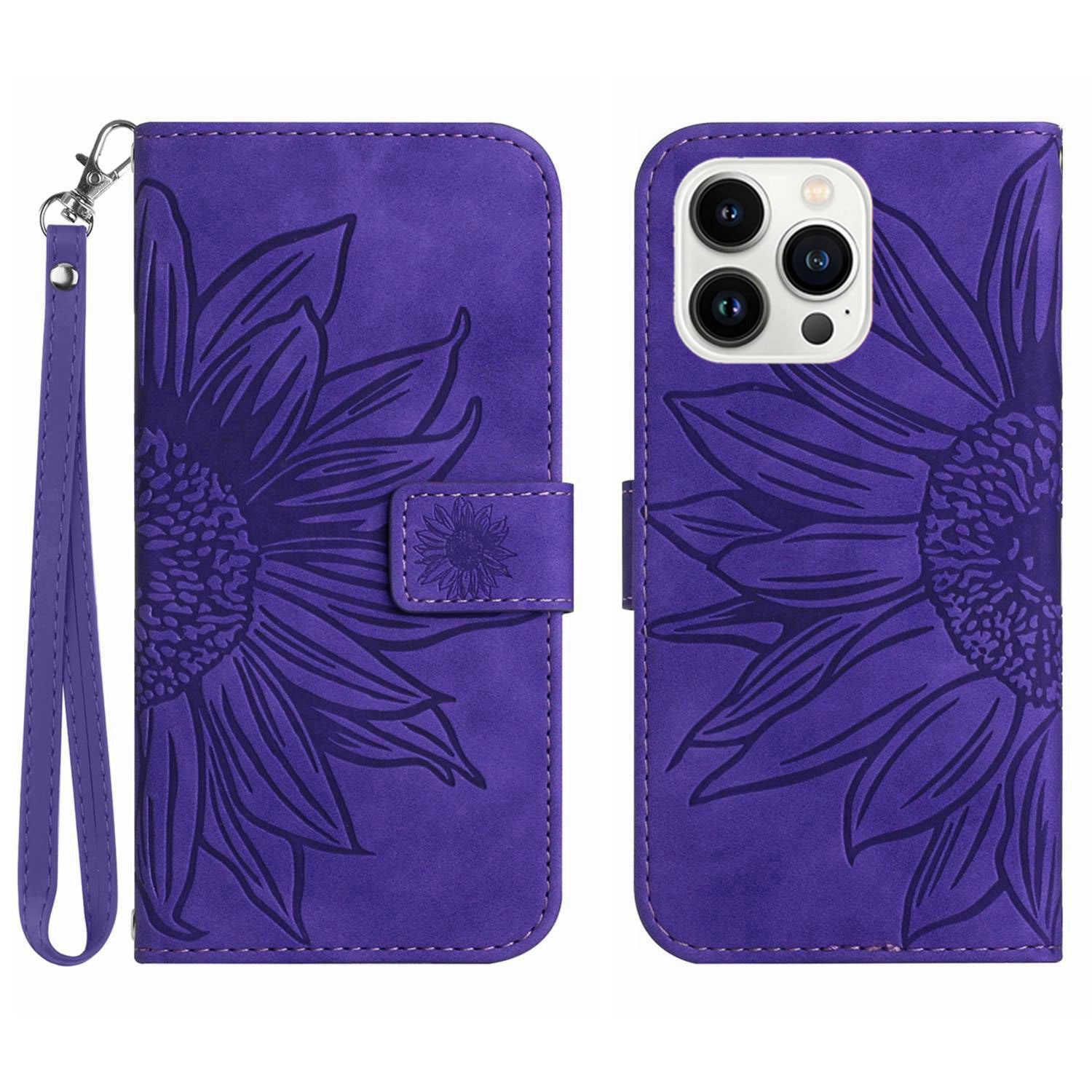 Anti-scratch Flip Phone Case for iPhone 13 Pro 6.1 inch, HT04 Imprinted Sunflower Foldable Stand PU Leather Skin-Touch Magnetic Wallet Cover with Strap