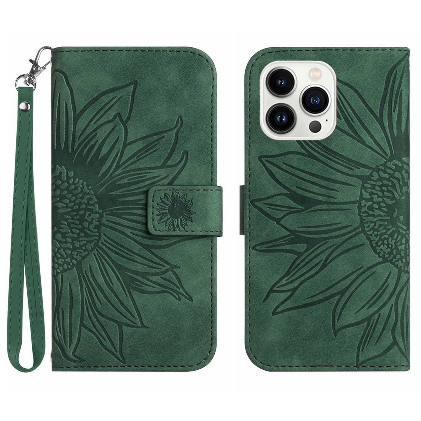 Anti-scratch Flip Phone Case for iPhone 13 Pro 6.1 inch, HT04 Imprinted Sunflower Foldable Stand PU Leather Skin-Touch Magnetic Wallet Cover with Strap