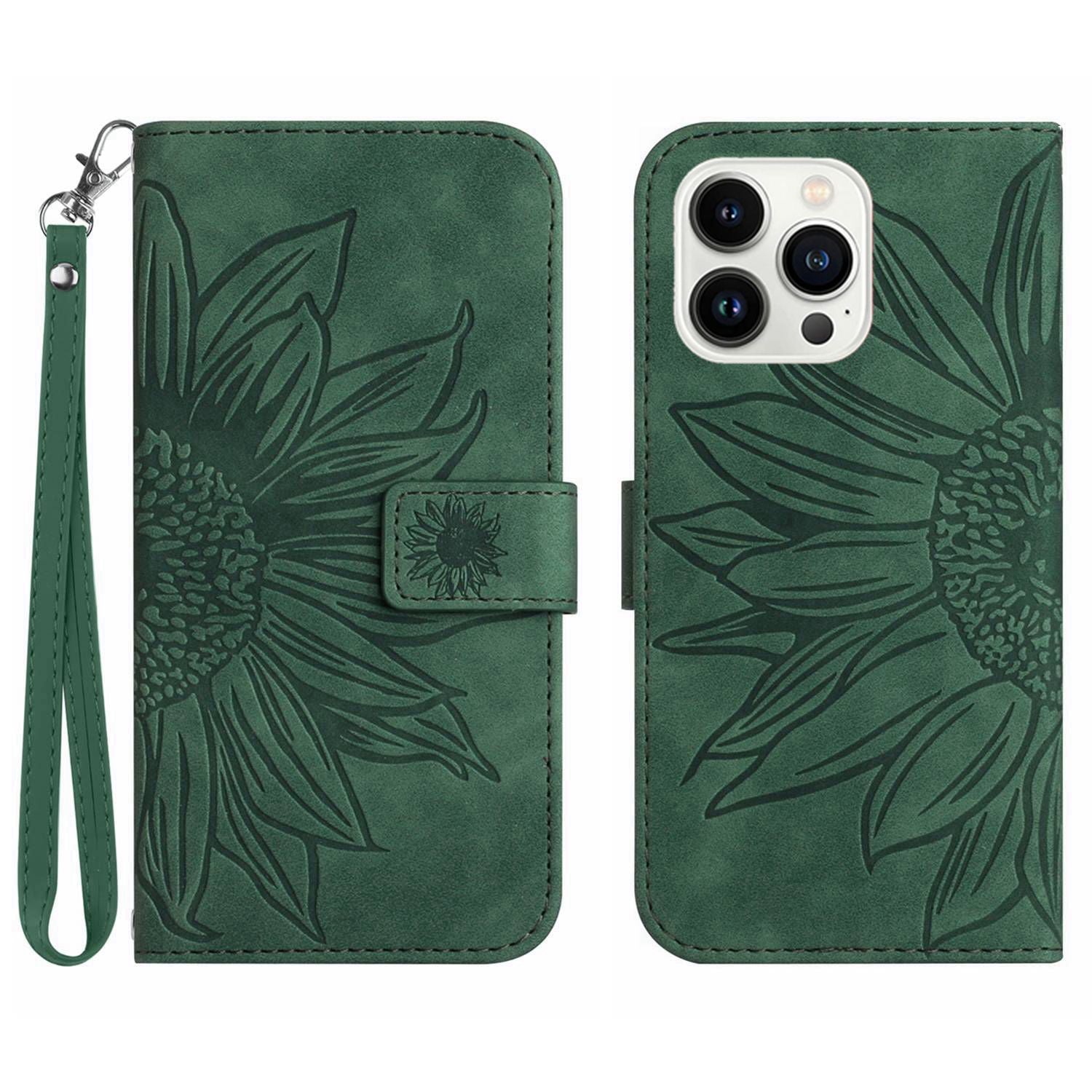 Anti-scratch Flip Phone Case for iPhone 13 Pro 6.1 inch, HT04 Imprinted Sunflower Foldable Stand PU Leather Skin-Touch Magnetic Wallet Cover with Strap