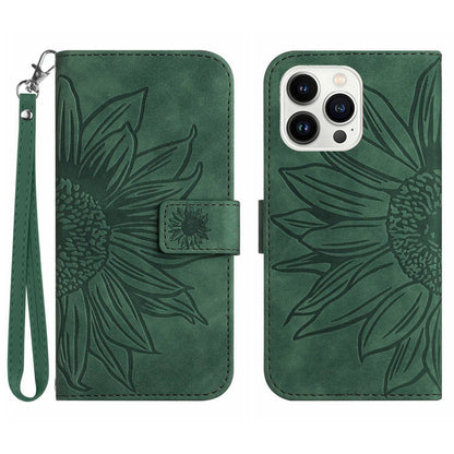 Anti-scratch Flip Phone Case for iPhone 13 Pro 6.1 inch, HT04 Imprinted Sunflower Foldable Stand PU Leather Skin-Touch Magnetic Wallet Cover with Strap