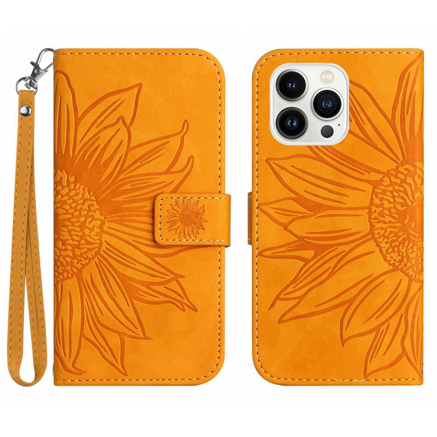 Anti-scratch Flip Phone Case for iPhone 13 Pro 6.1 inch, HT04 Imprinted Sunflower Foldable Stand PU Leather Skin-Touch Magnetic Wallet Cover with Strap