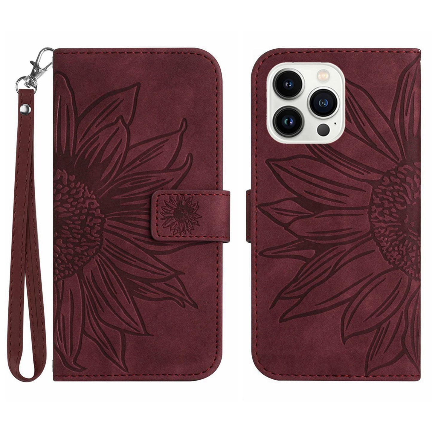 Anti-scratch Flip Phone Case for iPhone 13 Pro 6.1 inch, HT04 Imprinted Sunflower Foldable Stand PU Leather Skin-Touch Magnetic Wallet Cover with Strap