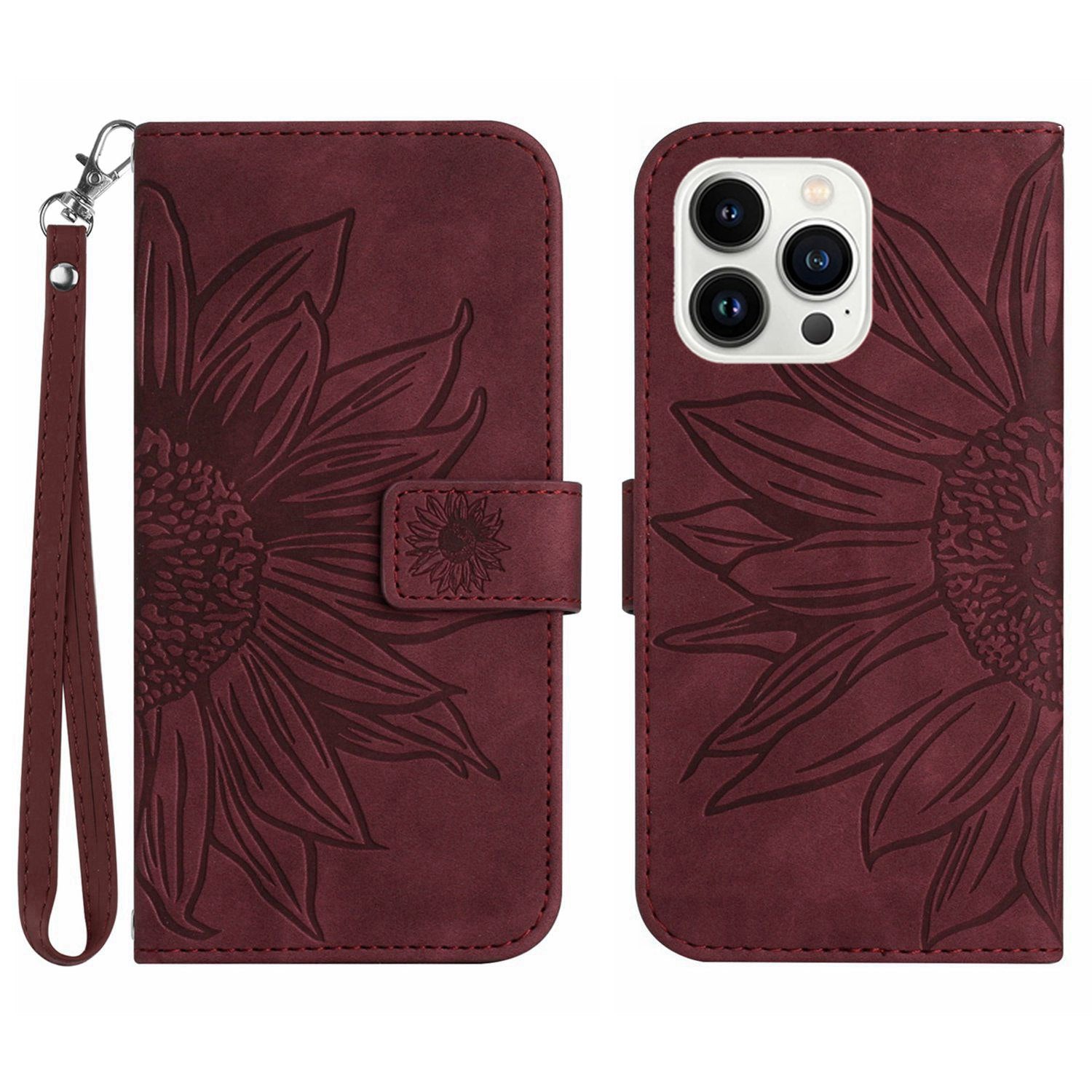 Anti-scratch Flip Phone Case for iPhone 13 Pro 6.1 inch, HT04 Imprinted Sunflower Foldable Stand PU Leather Skin-Touch Magnetic Wallet Cover with Strap