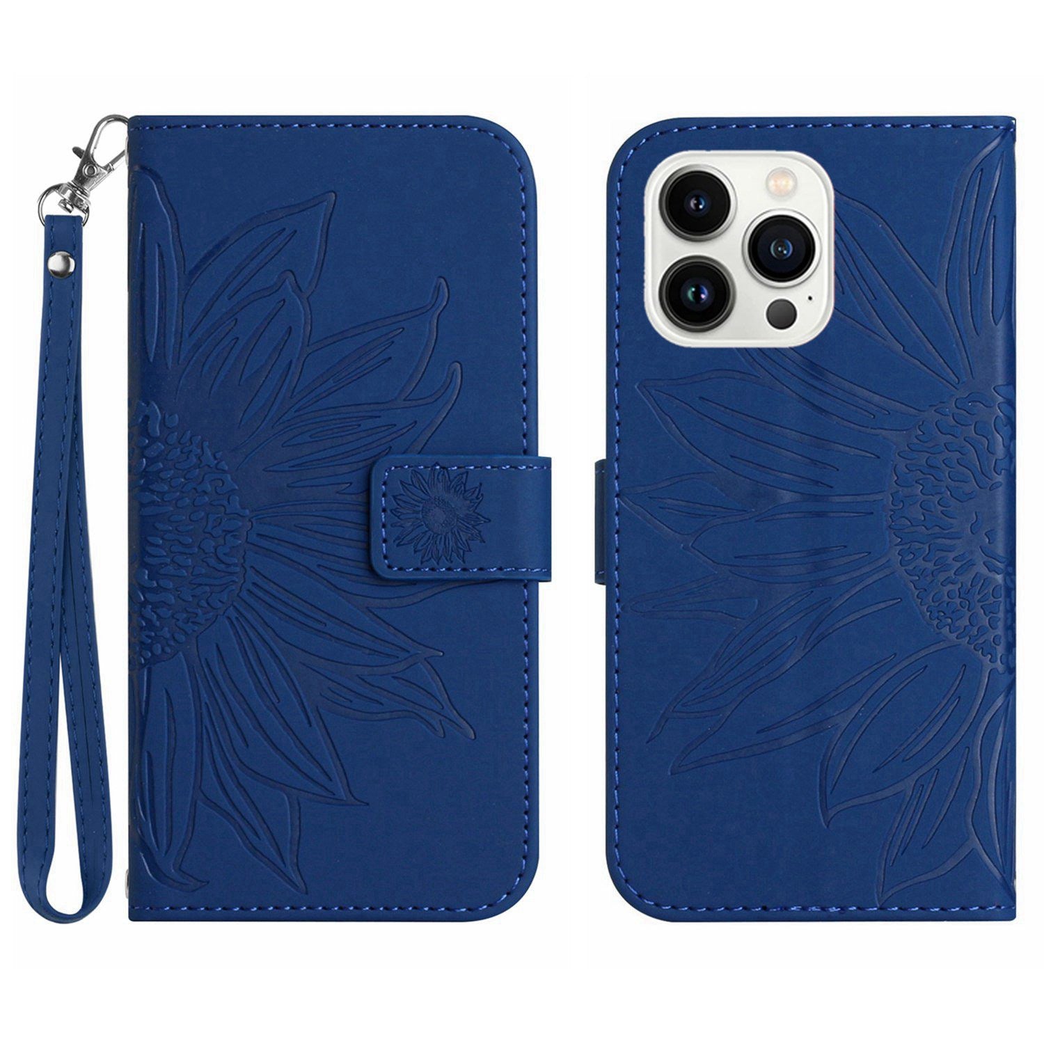 Anti-scratch Flip Phone Case for iPhone 13 Pro 6.1 inch, HT04 Imprinted Sunflower Foldable Stand PU Leather Skin-Touch Magnetic Wallet Cover with Strap