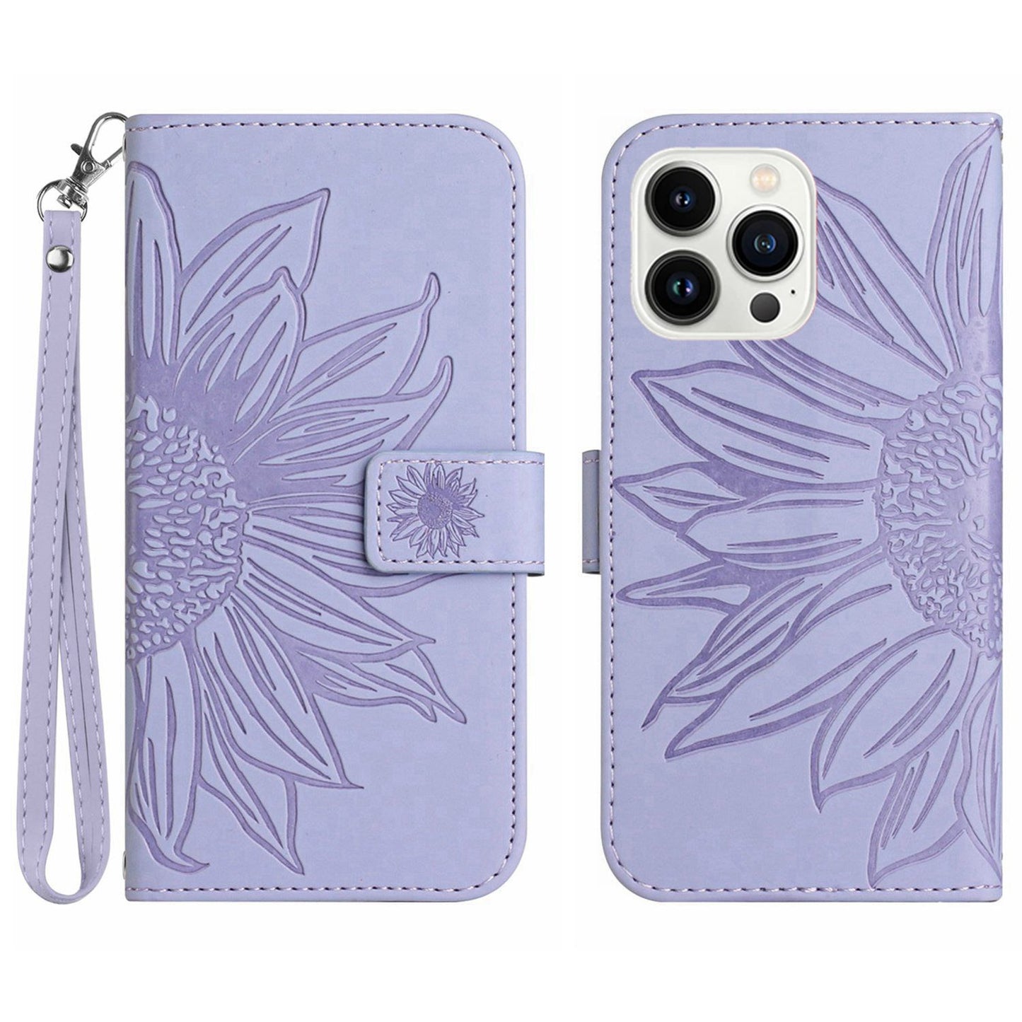 Anti-scratch Flip Phone Case for iPhone 13 Pro 6.1 inch, HT04 Imprinted Sunflower Foldable Stand PU Leather Skin-Touch Magnetic Wallet Cover with Strap