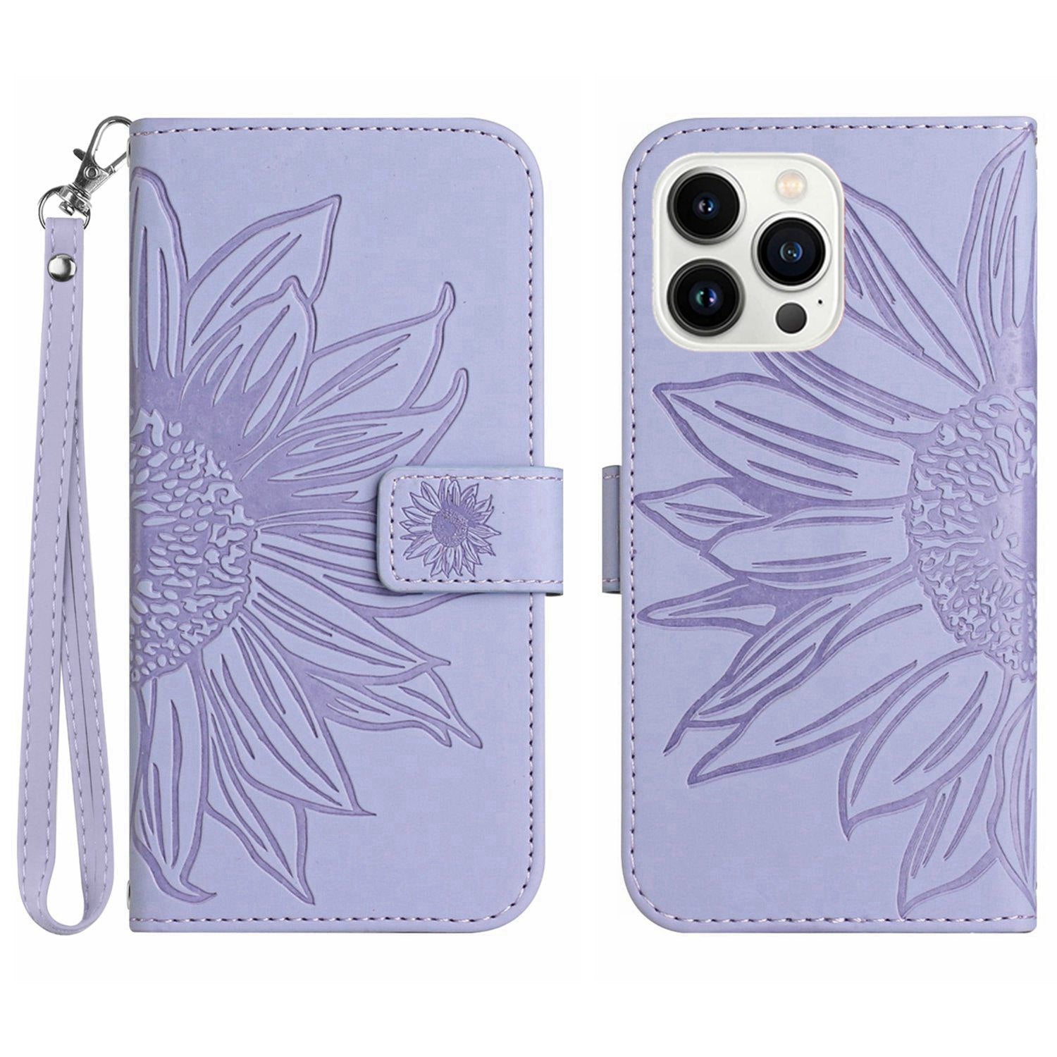 Anti-scratch Flip Phone Case for iPhone 13 Pro 6.1 inch, HT04 Imprinted Sunflower Foldable Stand PU Leather Skin-Touch Magnetic Wallet Cover with Strap