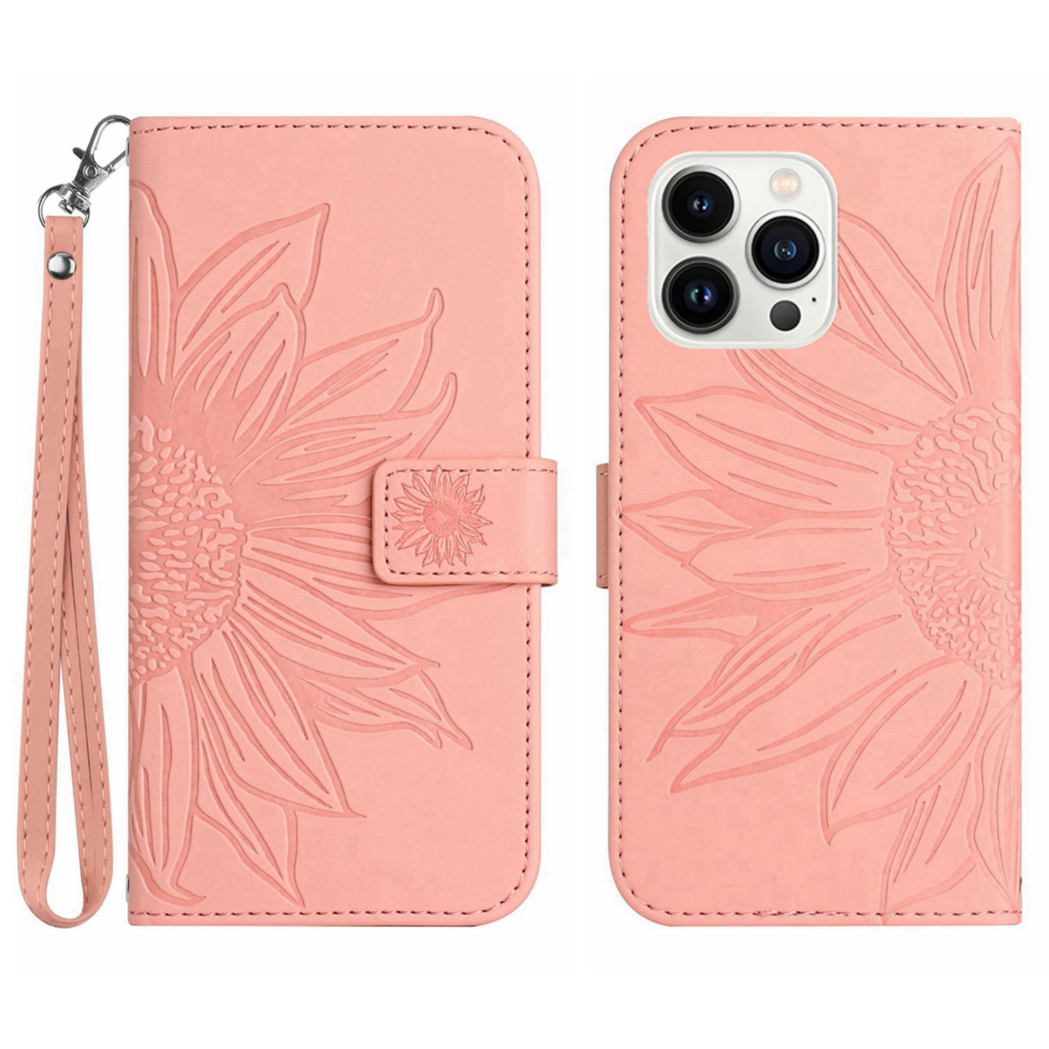Anti-scratch Flip Phone Case for iPhone 13 Pro 6.1 inch, HT04 Imprinted Sunflower Foldable Stand PU Leather Skin-Touch Magnetic Wallet Cover with Strap