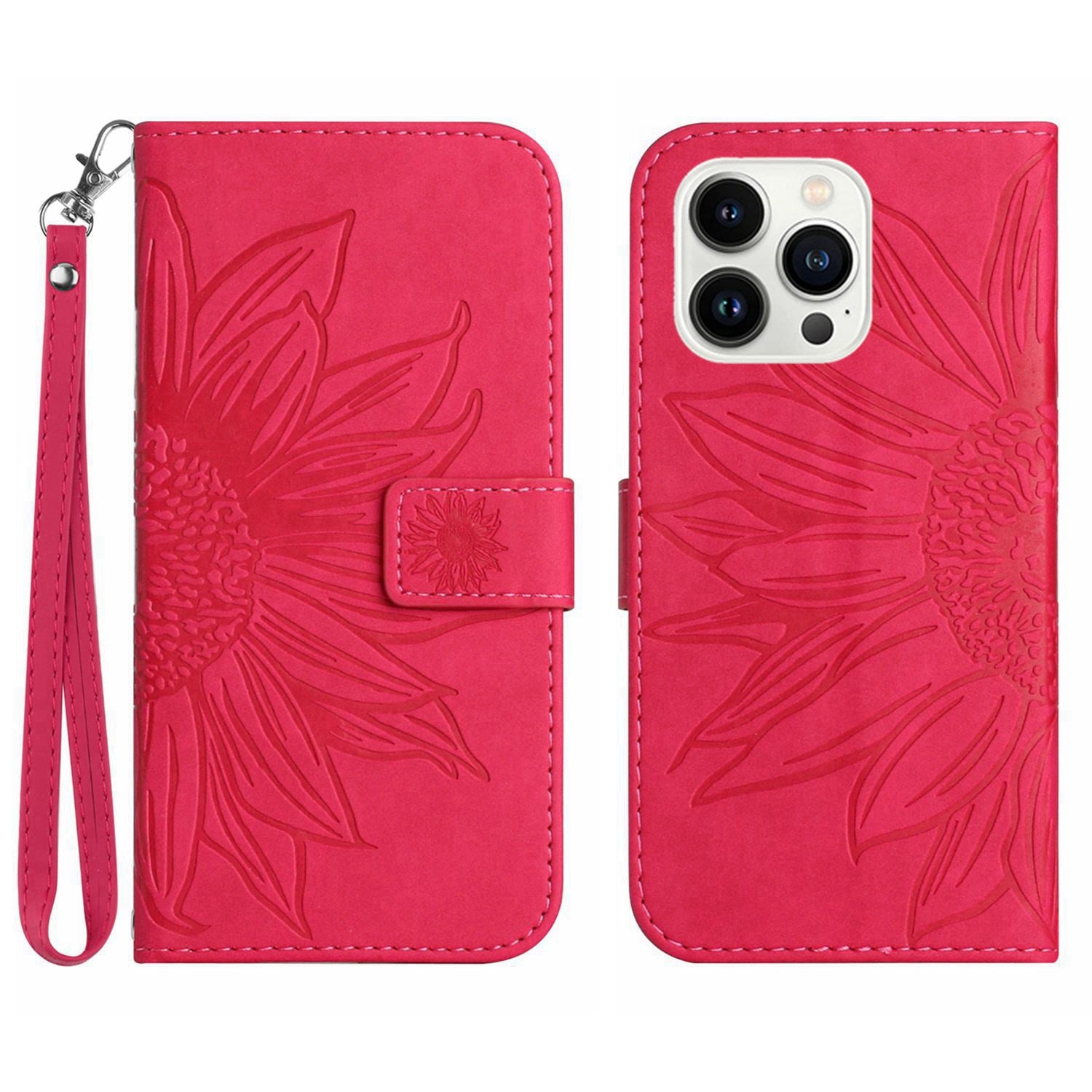 Anti-scratch Flip Phone Case for iPhone 13 Pro 6.1 inch, HT04 Imprinted Sunflower Foldable Stand PU Leather Skin-Touch Magnetic Wallet Cover with Strap