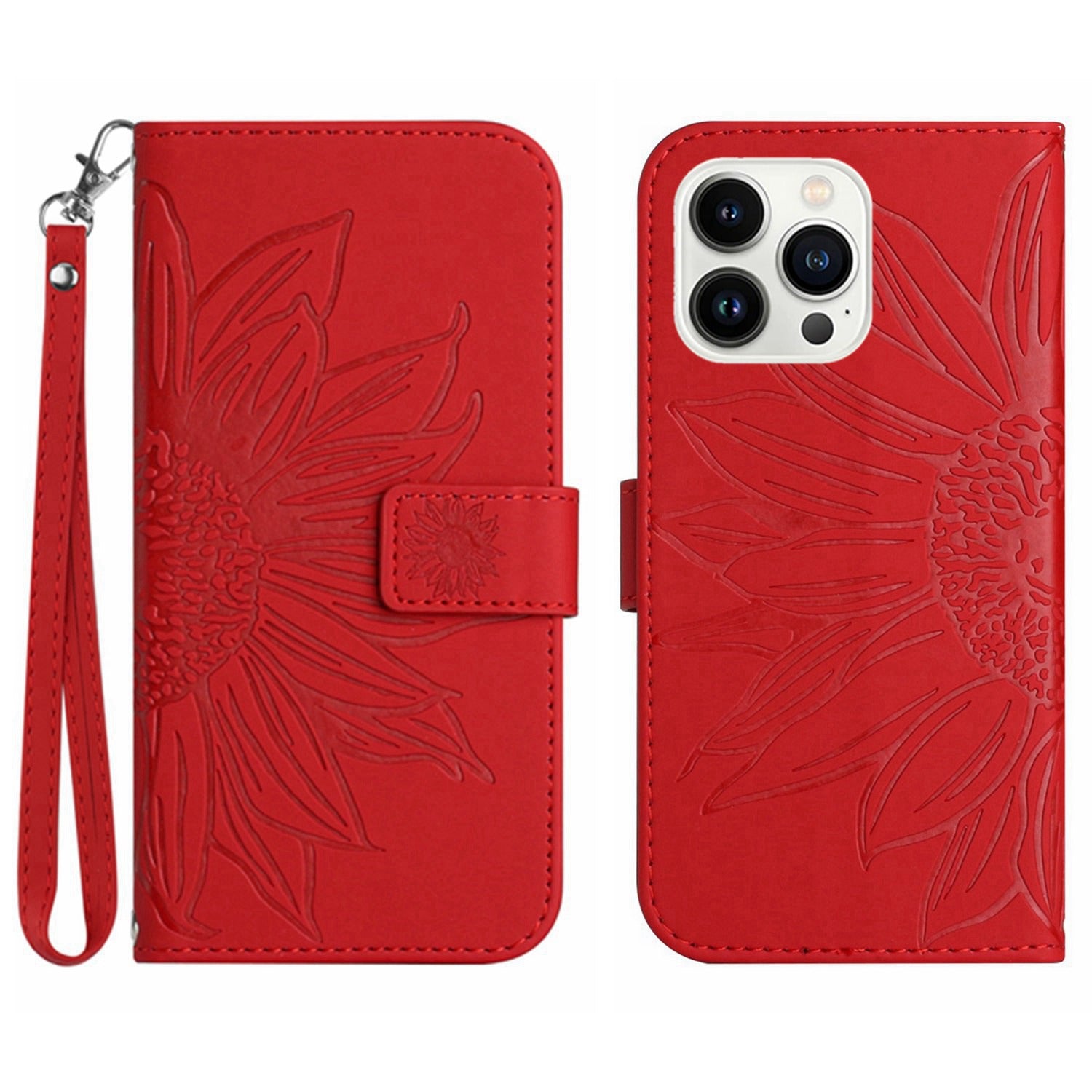 Anti-scratch Flip Phone Case for iPhone 13 Pro 6.1 inch, HT04 Imprinted Sunflower Foldable Stand PU Leather Skin-Touch Magnetic Wallet Cover with Strap
