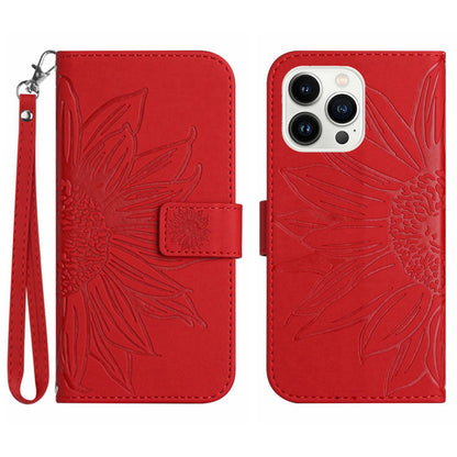 Anti-scratch Flip Phone Case for iPhone 13 Pro 6.1 inch, HT04 Imprinted Sunflower Foldable Stand PU Leather Skin-Touch Magnetic Wallet Cover with Strap