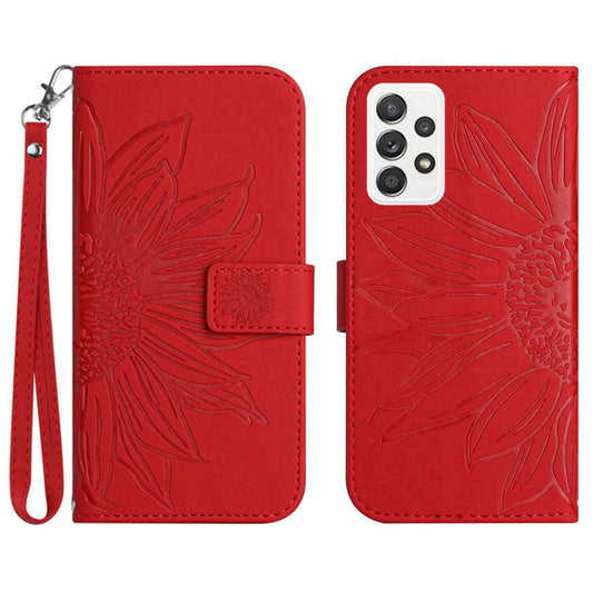 For Samsung Galaxy A52 4G / 5G / A52s 5G HT04 Skin-Touch PU Leather+TPU Phone Case Imprinted Sunflower Stand Wallet Cover with Hand Strap