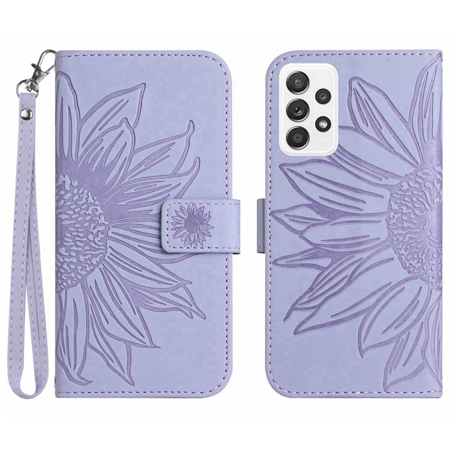 For Samsung Galaxy A52 4G / 5G / A52s 5G HT04 Skin-Touch PU Leather+TPU Phone Case Imprinted Sunflower Stand Wallet Cover with Hand Strap