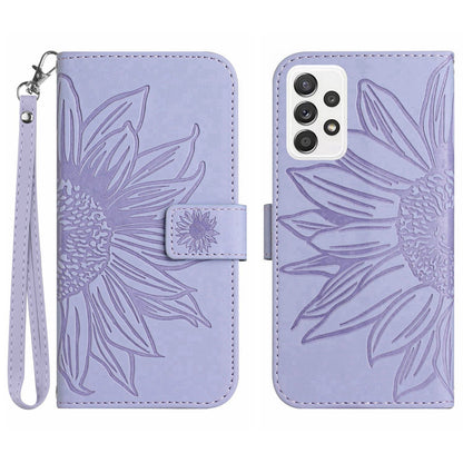 For Samsung Galaxy A52 4G / 5G / A52s 5G HT04 Skin-Touch PU Leather+TPU Phone Case Imprinted Sunflower Stand Wallet Cover with Hand Strap