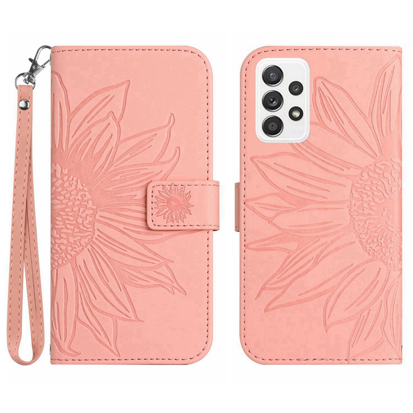For Samsung Galaxy A52 4G / 5G / A52s 5G HT04 Skin-Touch PU Leather+TPU Phone Case Imprinted Sunflower Stand Wallet Cover with Hand Strap