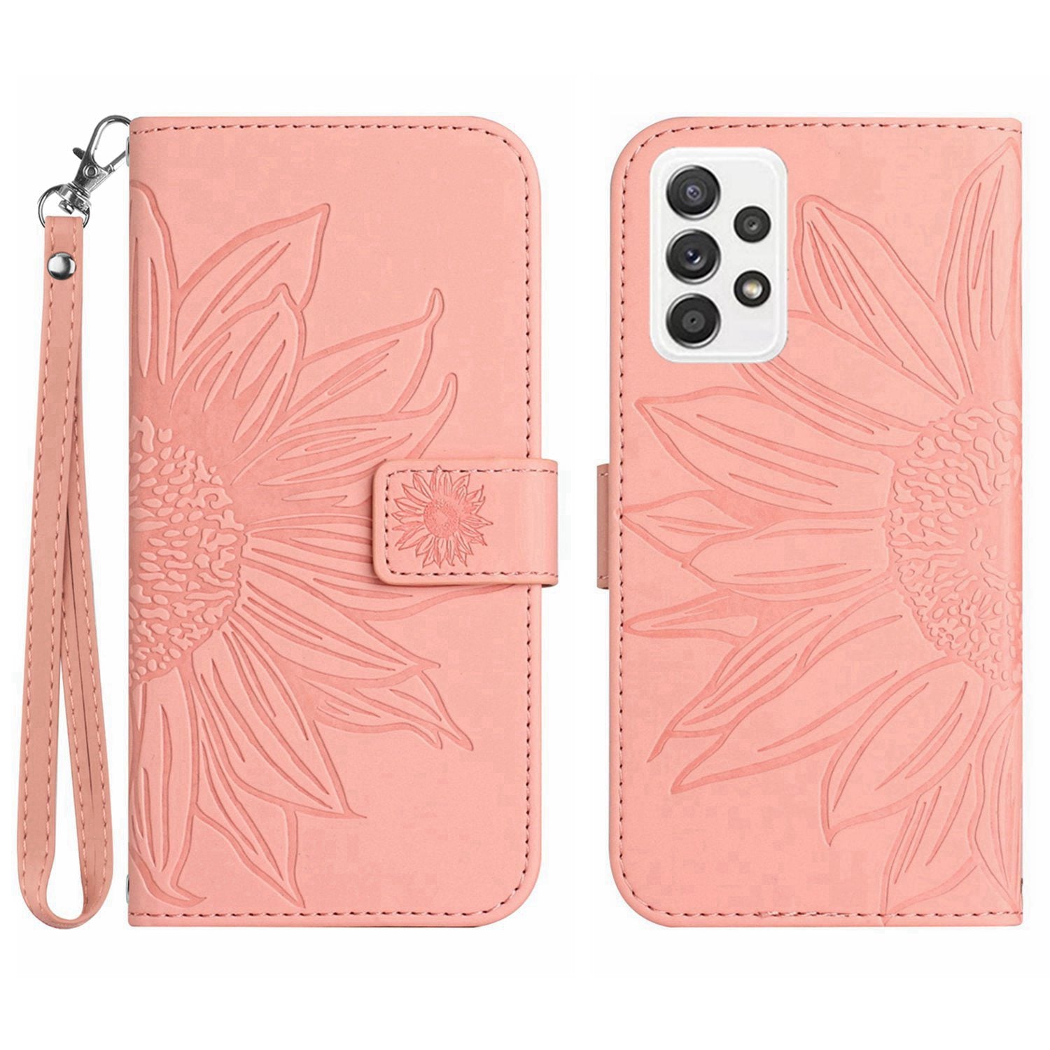 For Samsung Galaxy A52 4G / 5G / A52s 5G HT04 Skin-Touch PU Leather+TPU Phone Case Imprinted Sunflower Stand Wallet Cover with Hand Strap