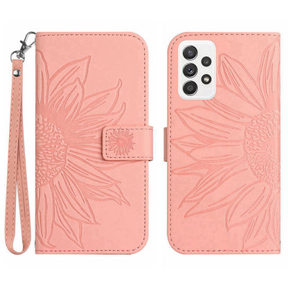 For Samsung Galaxy A52 4G / 5G / A52s 5G HT04 Skin-Touch PU Leather+TPU Phone Case Imprinted Sunflower Stand Wallet Cover with Hand Strap