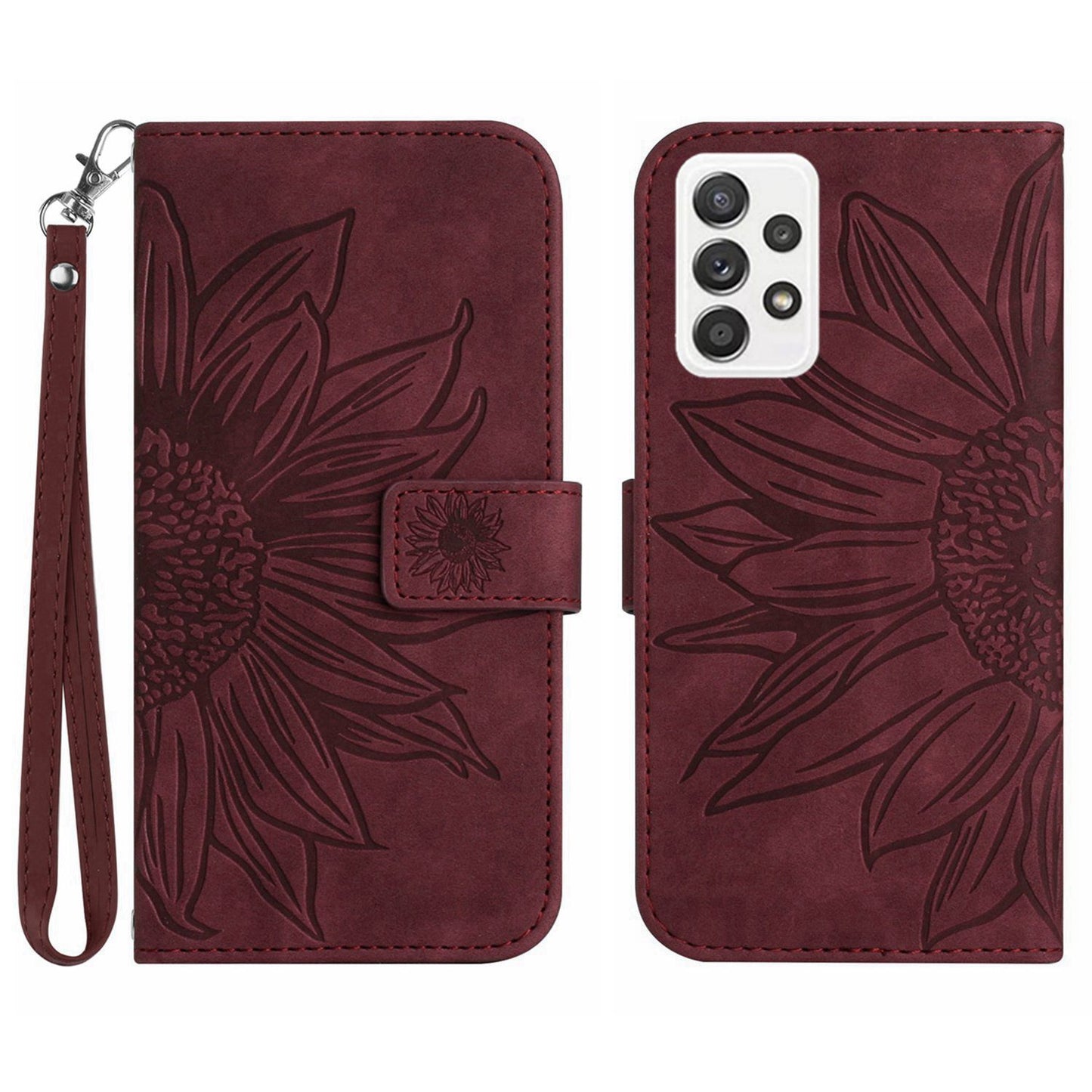 For Samsung Galaxy A52 4G / 5G / A52s 5G HT04 Skin-Touch PU Leather+TPU Phone Case Imprinted Sunflower Stand Wallet Cover with Hand Strap