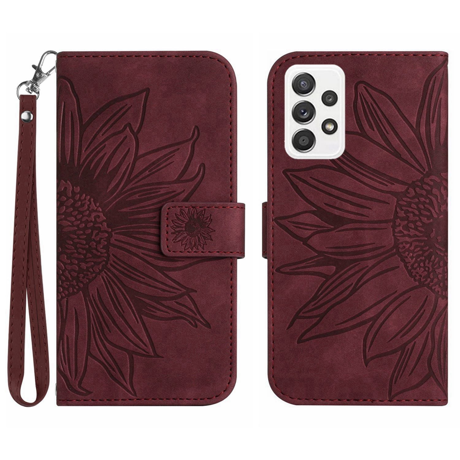 For Samsung Galaxy A52 4G / 5G / A52s 5G HT04 Skin-Touch PU Leather+TPU Phone Case Imprinted Sunflower Stand Wallet Cover with Hand Strap