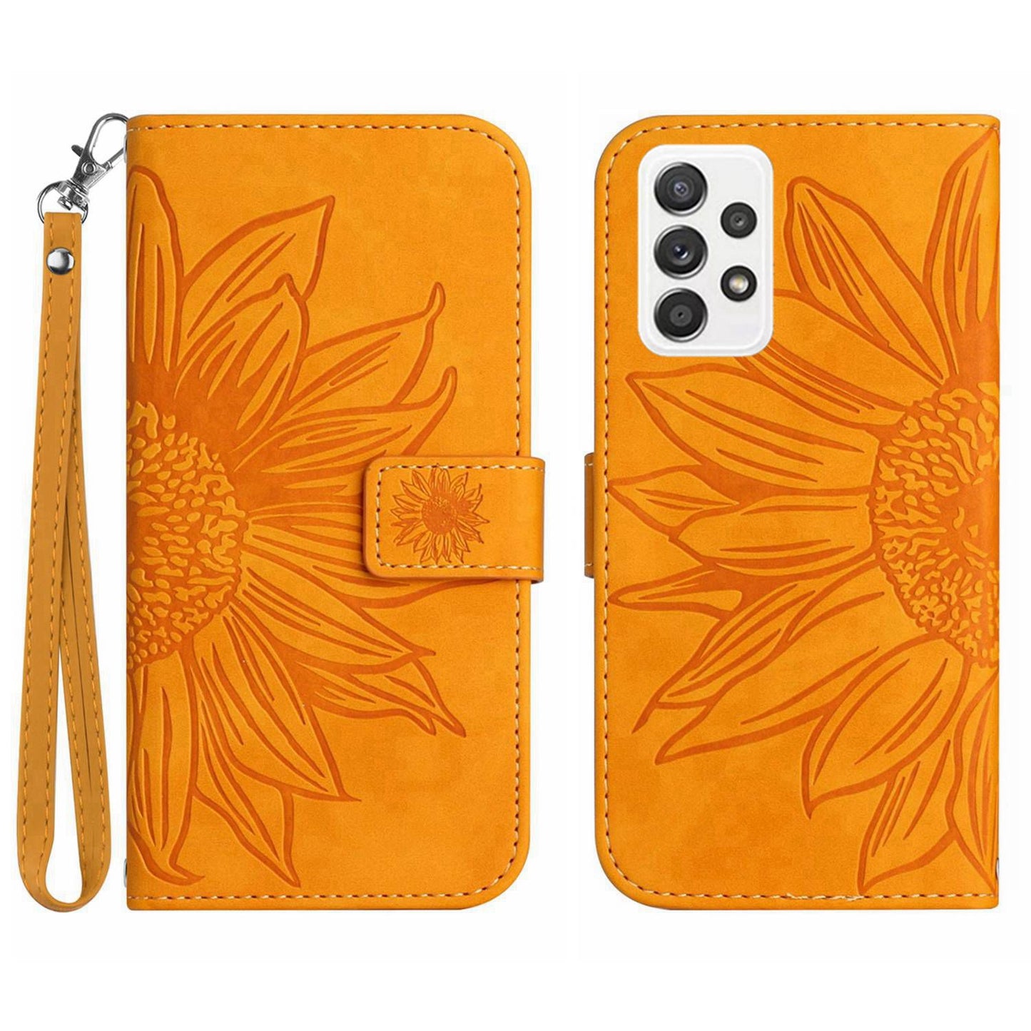 For Samsung Galaxy A52 4G / 5G / A52s 5G HT04 Skin-Touch PU Leather+TPU Phone Case Imprinted Sunflower Stand Wallet Cover with Hand Strap