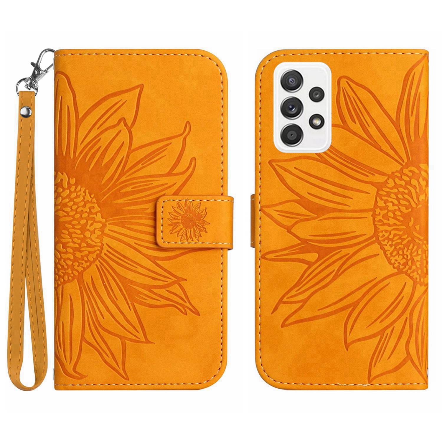 For Samsung Galaxy A52 4G / 5G / A52s 5G HT04 Skin-Touch PU Leather+TPU Phone Case Imprinted Sunflower Stand Wallet Cover with Hand Strap