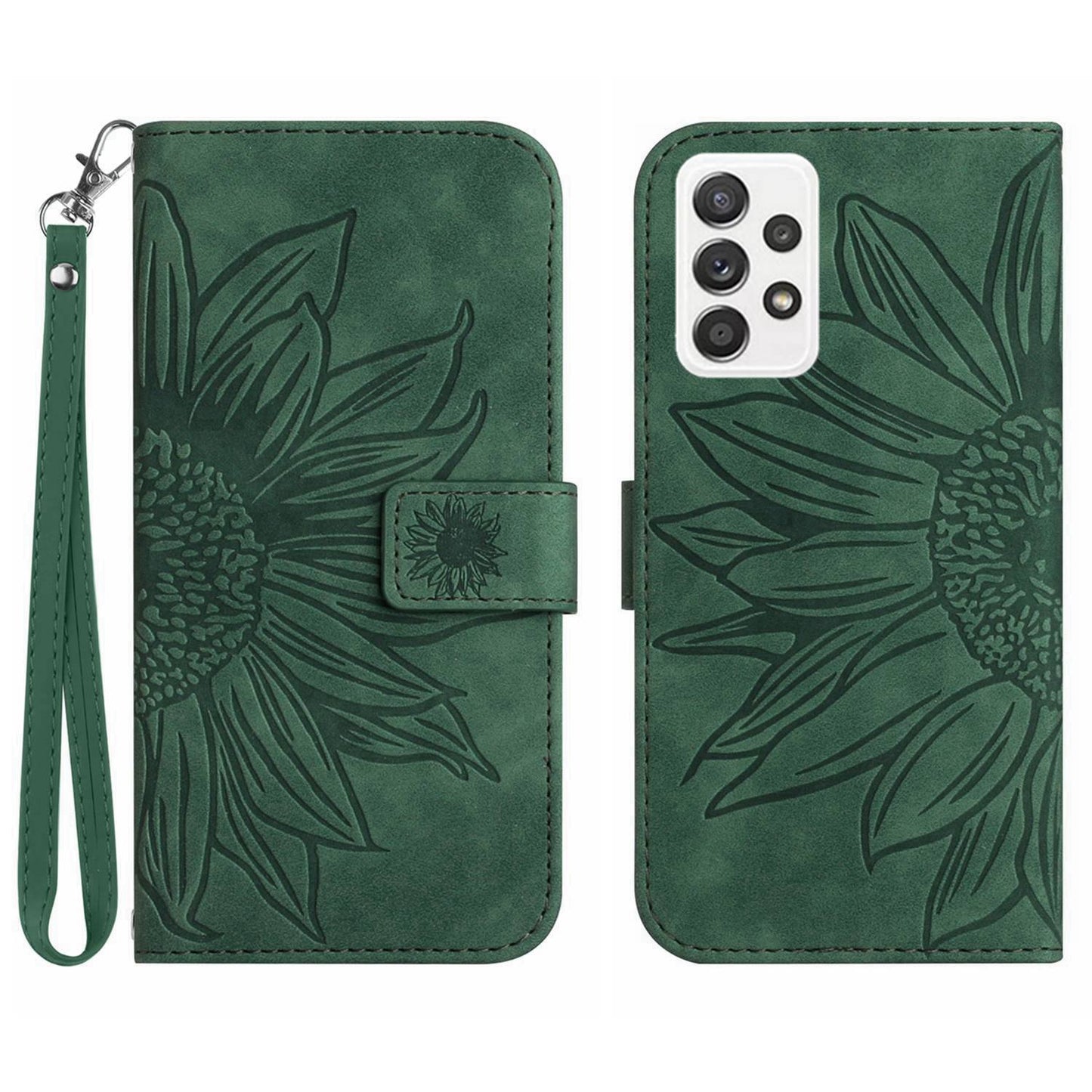 For Samsung Galaxy A52 4G / 5G / A52s 5G HT04 Skin-Touch PU Leather+TPU Phone Case Imprinted Sunflower Stand Wallet Cover with Hand Strap